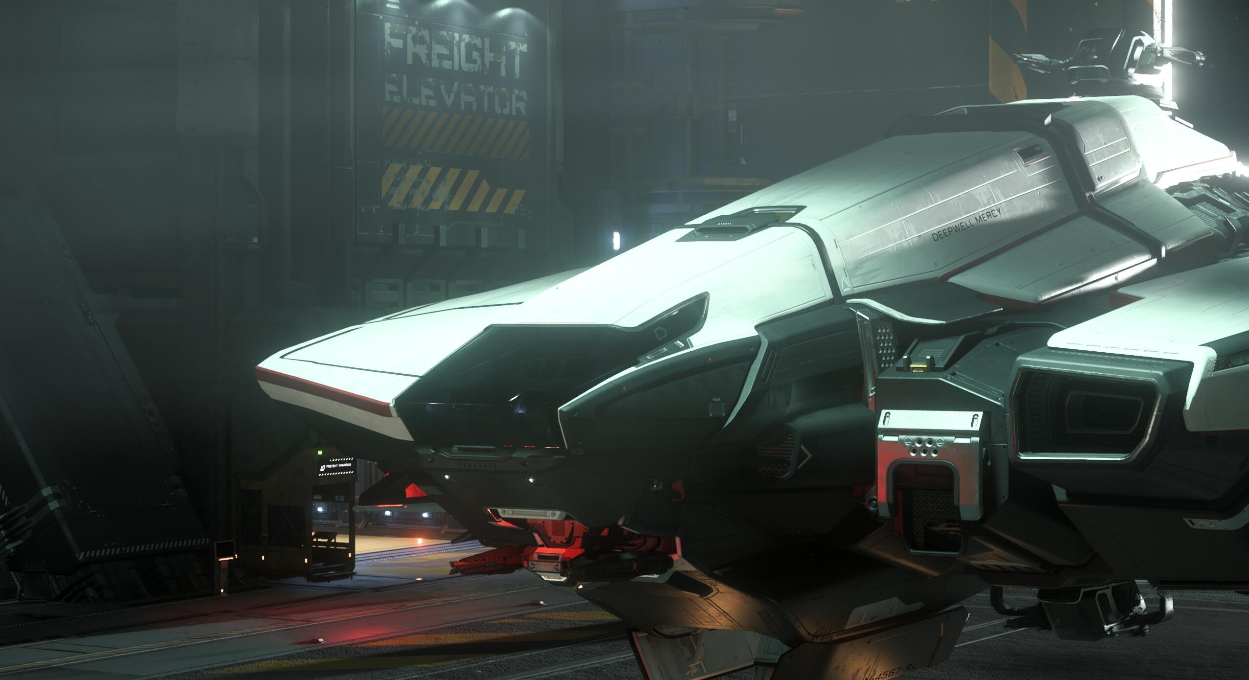 Deepwell Mercy in a dark hangar with the rear ramp lighting visible.
